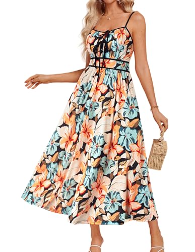 GRACE KARIN Women's Summer Casual Floral Boho Dress V Neck Spaghetti Strap Flowy Beach Maxi Dresses Wedding Guest Dress Black-Orange Flower M