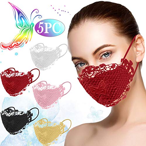 5Pcs Lace Face_Masks Washable Reusables Cloth Fabric For Women,Adult Oudoor Dustproof Face Covering Protection Fashion Balaclava #TOP1