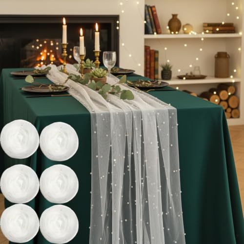 Pearl Table Runner 10FT,White Ivory Tulle Seasonal Cheesecloth Gauze Lace Fabric for Wedding Arch Birthday Bridal Baby Shower Holiday Anniversary Dining Centerpieces Sheer Table Decor 120 Inch 6 Pack