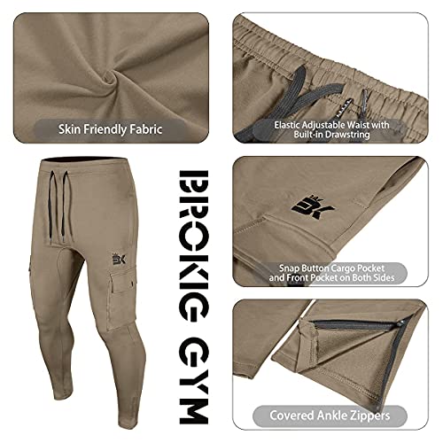 Brokig Mens Cargo Gym Joggers Pants,Workout Athletic Sweatpants For Men With Pockets(Beige,Large) #TOP4
