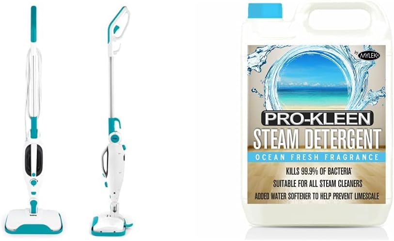 Beldray BEL0698 12 in 1 Flexi Hot Steam Cleaner Mop, Upright Steamer for All Types of Flooring, 330ml & Pro Kleen 5 litres Steam Detergent Ocean Fresh Fragrance for Steam Mops + Built in Water Soft-