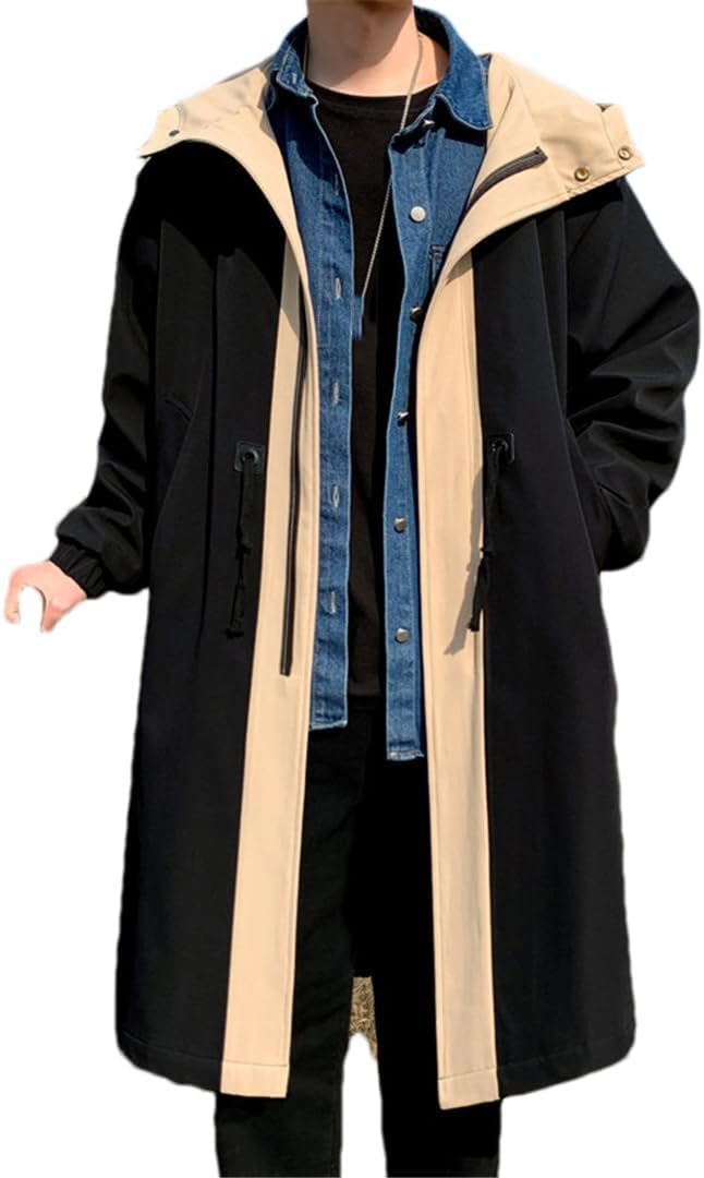 Men's Trench Coat Patchwork Color Fake Two Pieces Hooded Jacket Buttons Long Windbreaker