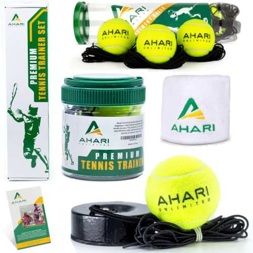 Ahari Unlimited Premium Tennis Trainer Set, Pro Rebounder with Metal Base in a Carrying Cylinder, 3 Replacement Rebound Balls, & Wristband, Portable Tennis Practice Equipment for Solo Training by Ahari Unlimited - Used condition - US$33.13