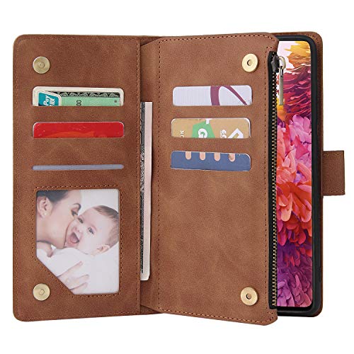 Lbyzcase Phone Case For Galaxy S20 Fe 5G(2020),Samsung S20 Fe Wallet Case,Luxury Folio Flip Leather Cover[Zipper Pocket][Wrist Strap][Kickstand ] For Samsung Galaxy S20 Fe 5G(Fan Edition)-Brown #TOP3