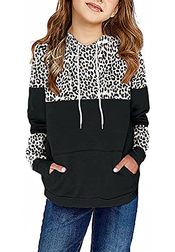 Haloumoning Kids Girls Fleece Pullover Hoodies Cute Leopard Printed Hooded Sweatshirts With Pockets 4-15 Years #TOP23