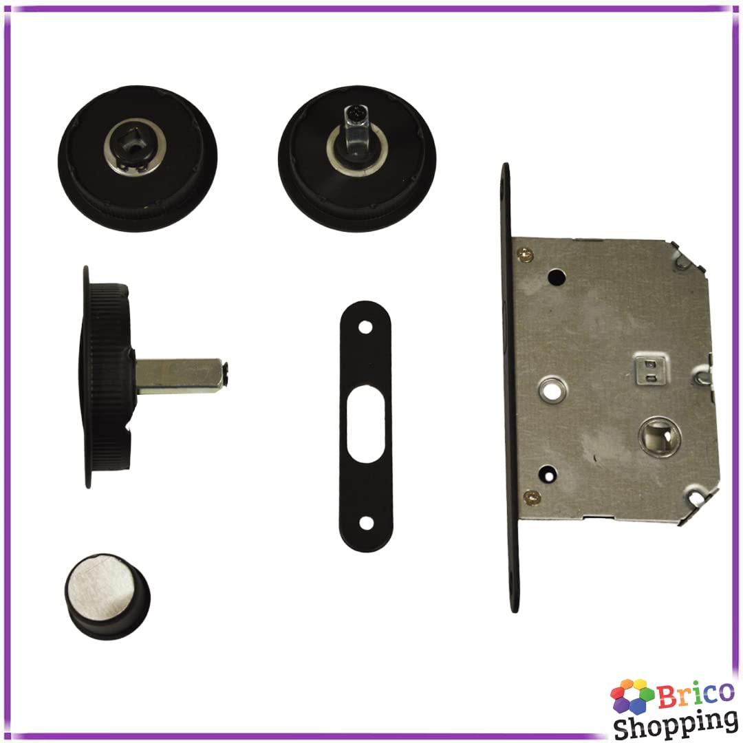 BricoShopping® Ensemble de poignées pour porte intérieure en bois, escamotables, porte coulissante, avec serrure intégrée, crochet, butoir, buse ronde, acier (rond C/serrure, Noir)