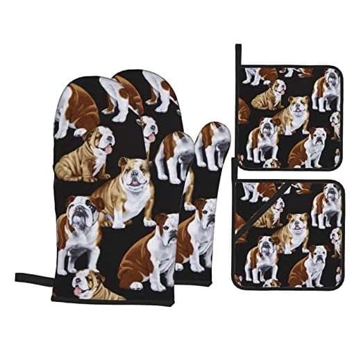 Engelska bulldoggar tryck ugnsvantar och grythållarset lämpliga för kök matlagning bakning grillning (set om 4 delar)