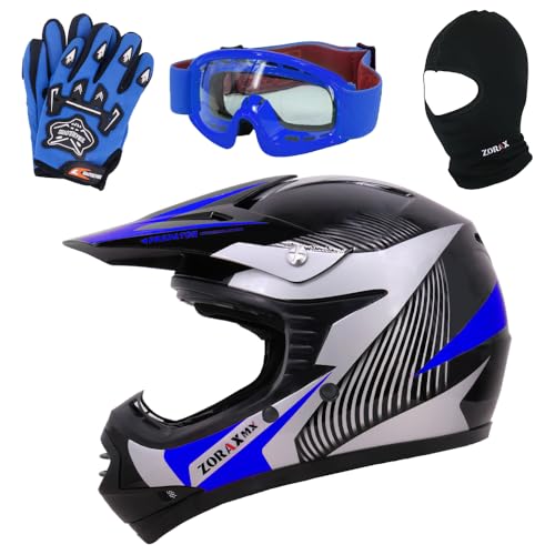 Casque moto enfant ECE 2206 Zorax ZOR-X19 bleu XL avec gants et lunettes MX