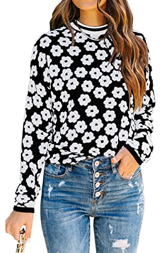 Image of PRETTYGARDEN Women's Knit Floral Print Sweater Crewneck Long Sleeve Lightweight Pullover Sweatshirt (Black,Medium)