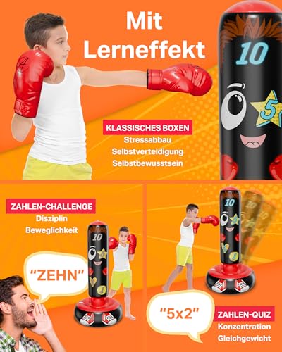 AVENTERA® Boxsack Kinder Stehend 3-12 Jahre (160cm Mit Lerneffekt) - 4-In-1 Set - Kinderboxsack Für Training, Bewegung & Motorik - Geprüfte Qualität