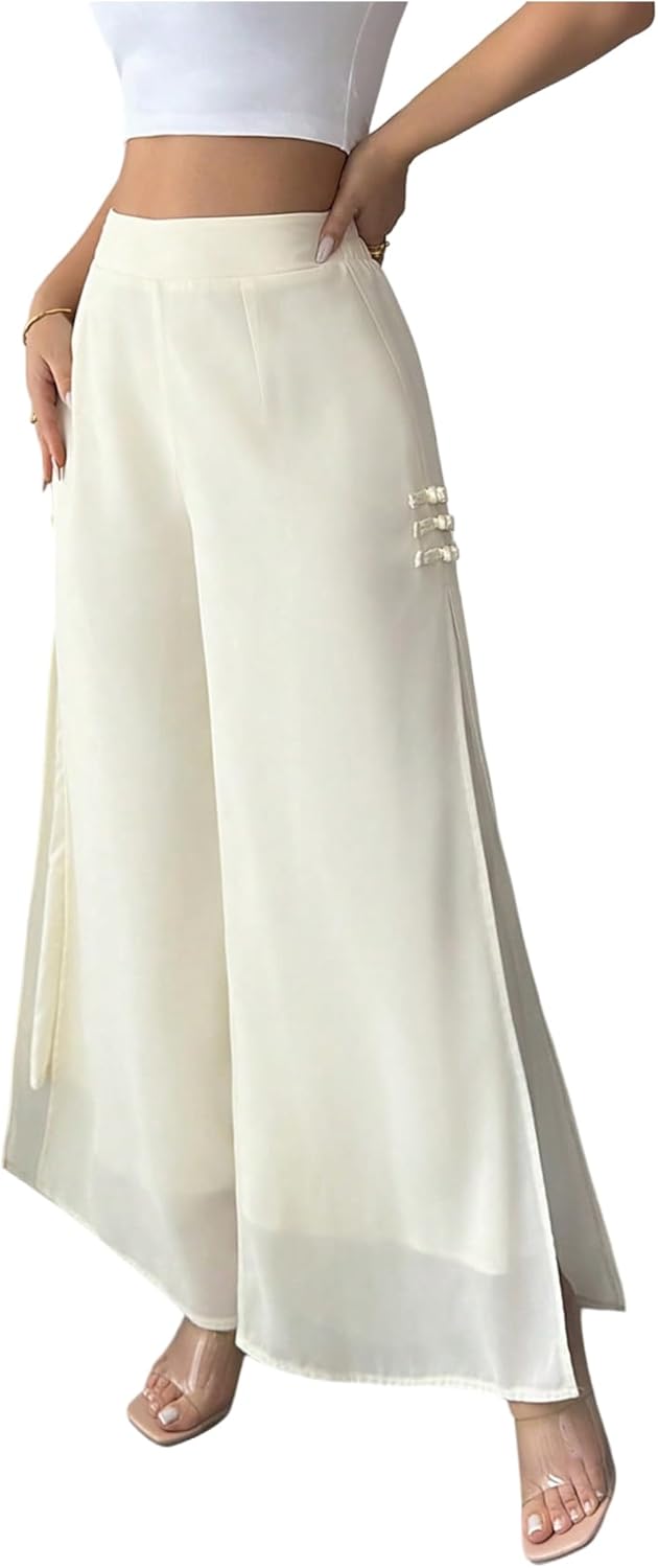 MakeMeChic Women's Elegant Wide Leg Pants High Waist Double Layered Buckle Split Flowy Trousers