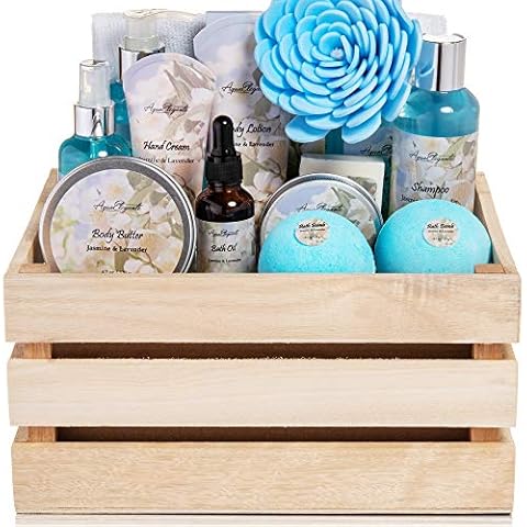 Bath Spa Gift Sets - Luxury Basket With Jasmine & Lavender - Spa Kit Includes Wash, Bubble Bath, Lotion, Bath Salts, Body Scrub, Body Spray, Shower Puff, Bathbombs, Soap and Towel Cover