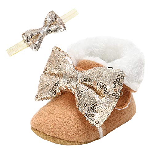 Baby Premium Soft Sole Bow Anti-Slip Mid Calf Warm Winter Infant Prewalker Toddler Snow Boots with Hairband