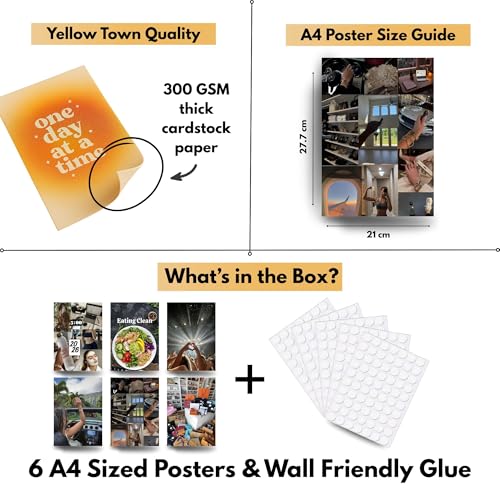 Image of Yellow Town India Glow Up Lifestyle Vision Board Poster Set | 6 A4 Clean Living, Travel & Luxury Goal Posters + Wall Friendly Glue Sheet | Manifestation Wall Decor
