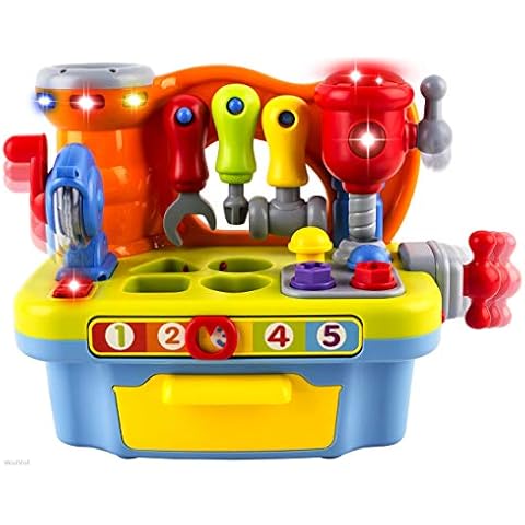 WolVol Musical Learning Workbench Toy with Tools, Engineering Sound Effects and Lights, and Shape Sorter Cover