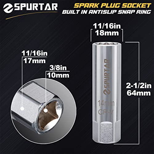 Image of Spurtar 14mm Spark Plug Socket 12-Point Thin Wall 3 /8 inch Drive Spring Clips | Spring Clips, Spark Plug Removal Tool, Cr-V Steel Wrench, Compatible with BMW, Mercedes, Nissan, Mini Motorcycle, Car, SUV
