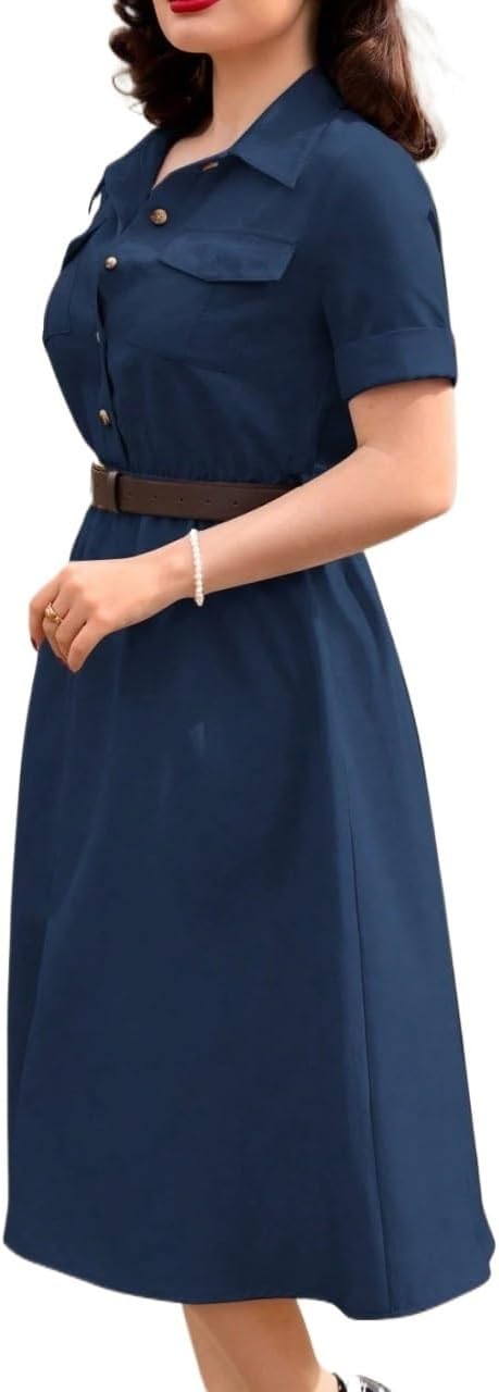 Womens Vintage Elegant Short Sleeve Shirt Collar Dress With Pockets Knee Length Dresses For Women