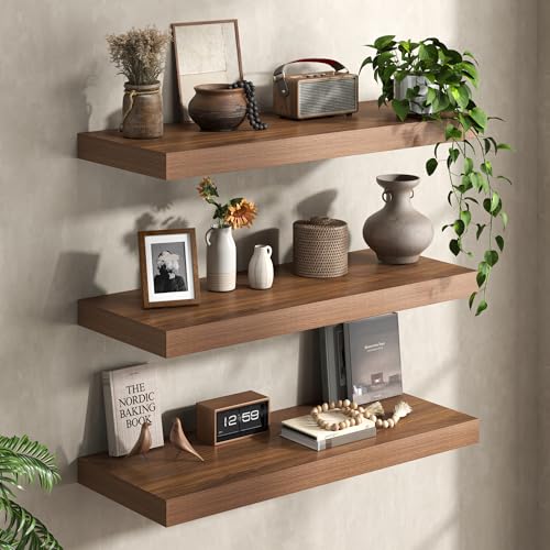 Image of Fun Memories 12 Inch Deep Walnut Floating Shelf, 24 x 12 Rustic Wood Wall Shelf for Books, 2 inch Thick Deep Floating Shelf for Storage & Display in Kitchen, Living Room, Bedroom, 2 Packs