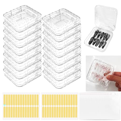 Daily Treasures 92pcs Press On Nails Packaging Set,16pcs Rhombic Nail Storage Box(7.5×7.5CM)&60pcs Upgraded Double Sided Tape &16pcs Self-adhesive Bags,Transparent False Nail Display for Nail Business