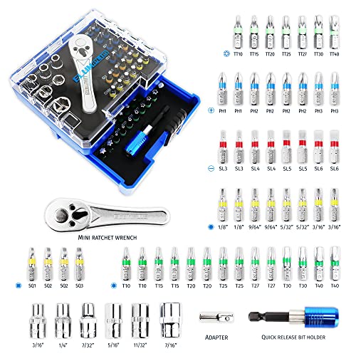 Elumplus 58Pc 1/4" Mini Ratchet Set, Mini Ratchet Wrench & Screwdriver Bits Set, Mini Socket Ratchet Set, Bits Set - Phillips/Slotted/Hex/Square/Torx/Tamperproof, Portable Storage Case #TOP1