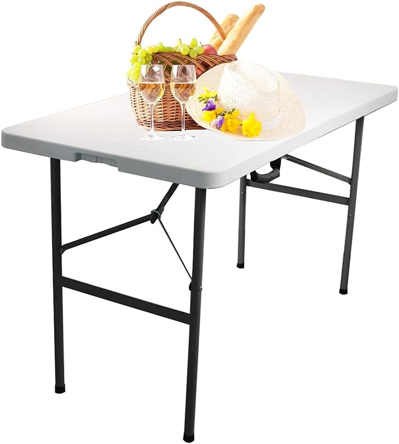 4ft Picnic Table,Folding Utility Table Portable Fold-in-Half Plastic Picnic Party Dining Camp Table with Handle for Indoor Outdoor