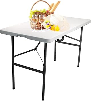 4ft Picnic Table,Folding Utility Table Portable Fold-in-Half Plastic Picnic Party Dining Camp Table with Handle for Indoor Outdoor