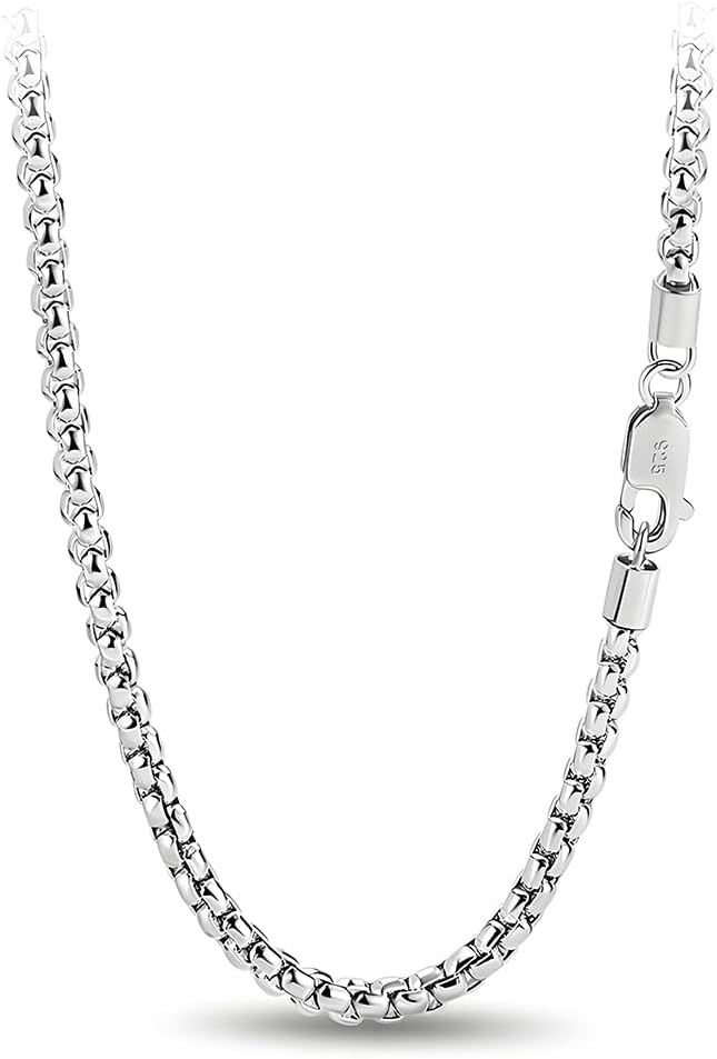 Solid 925 Sterling Silver 3mm Box Chain Necklace, Round Cable Chain with Lobster Clasp, 16" to 30" Length for Men & Women