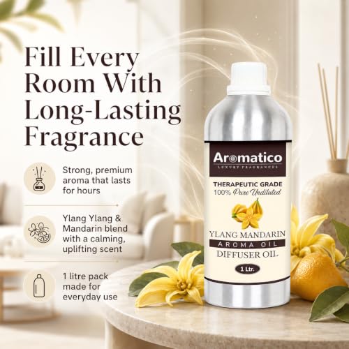 Image of AROMATICO Ylang Mandarin Diffuser Oil with Strong, Long-Lasting Aroma. Premium Aroma Oil for Homes, Offices & Showrooms. For Aromatherapy, Diffusers, Air Purifiers, Vaporizers - 1 L (1000 ml)