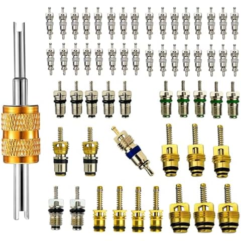 61Pcs Air Conditioning Schrader Valve Cores for Car Home A/C Accessories R12 R134a Refrigeration Tire Valve Stem Core with Double Head Dual Dismantling Remover Installer Tool Assortment Kit Cover