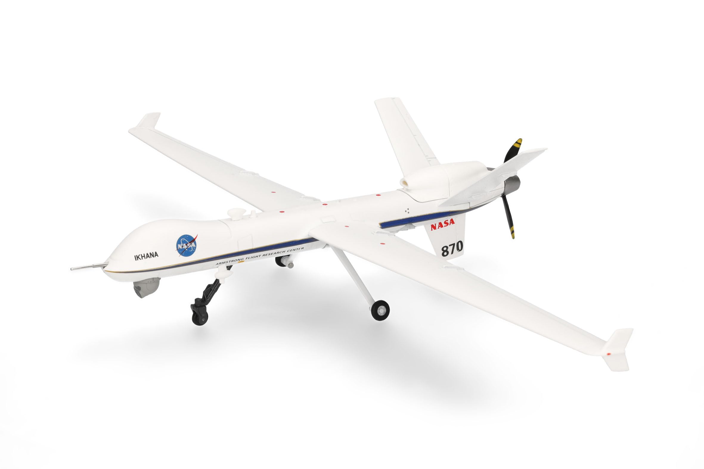 Herpa Modellflugzeug NASA MQ-9A Ikhana, Armstrong Flight Research Center, Edwards Air Base, Miniatur im Maßstab 1:72, Sammlerstück, Modell mit Standfuß, Metall