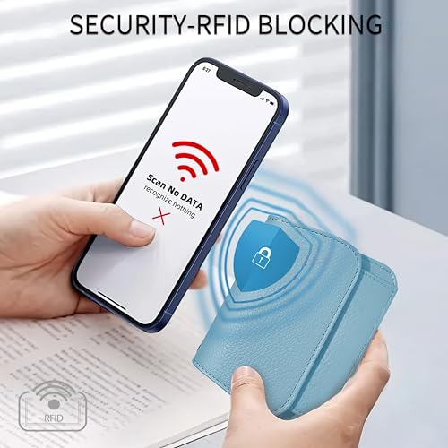 Image of Women Small Wallet RFID Blocking Slim Wallet with Coin Pocket Tri-Fold Credit Card Holder with ID Window and Keychain (Blue)