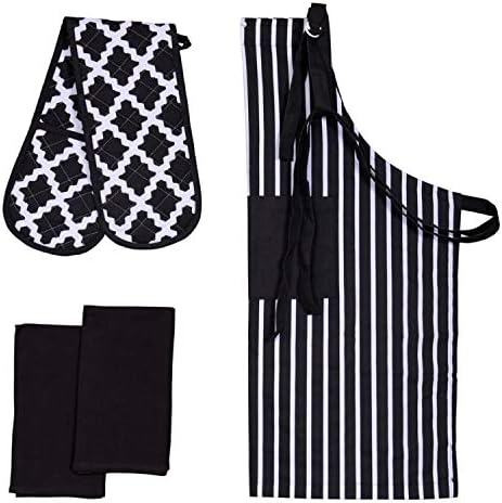 Penguin Home Apron, Double Oven Glove and 2 Kitchen Tea Towels Set-100% Soft, Durable, Heat Resistant & Super Absorbent, Cotton, Black/White, 70 X 90, 18 X 90, 45X 65 cm