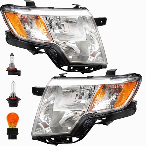 ATOMTEC Headlights Assembly Fit For 2007 2008 2009 2010 Ford Edge Halogen Headlamp with Bulbs Chrome Housing with Amber Reflector Driver And Passenger Side 7T4Z13008B FO2502228