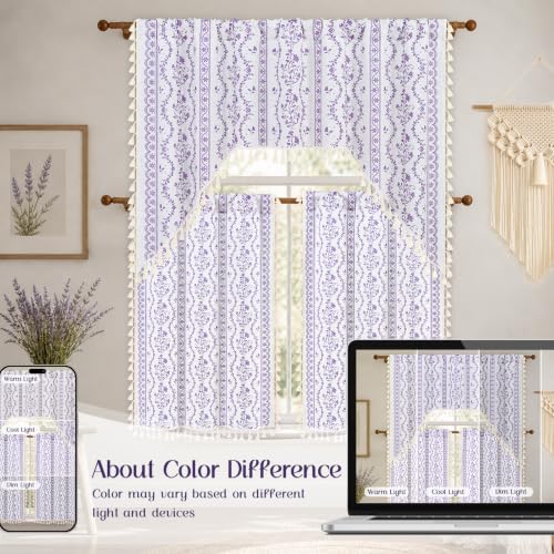 Image of Yinhua Boho Swag Valance Curtains Vintage Linen Valances for Windows Light Filtering Floral Kitchen Valance Rod Pocket Rustic Tassel Window Valances for Bathroom Cafe, 60 inch W x 36 inch L, White Purple