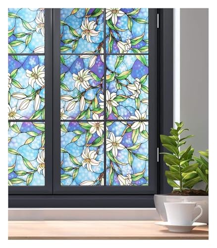 Window Privacy Film,Glass, Vinyl Static Cling Painted Lily Art Sticker Stained Covering Door(60 X 500 Cm)