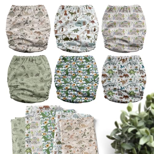 Image of Mama Koala 3.0 Pocket Cloth Diapers for Babies with AWJ Lining, 6 Pack with 6 4-Layer Natural Cloth Diaper Inserts - Reusable and Washable Pocket Diapers(Cute Dinosaurs)