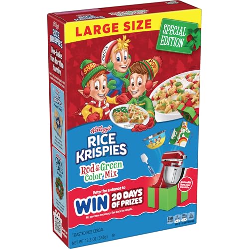 Kellogg's Rice Krispies Breakfast Cereal, Christmas Pack, Family Size, Original with Holiday Colors, 12.3oz Box (1 Box)