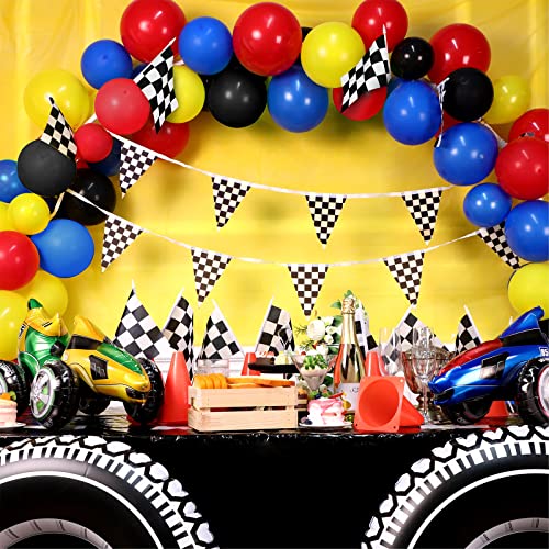 Race Car Birthday Party Supplies, Include 2 Pcs 9.8 Ft Racetrack Tableclothes 2 Checkered Racing Banner 12 Black And White Race Flags 2 Swimming Ring And 8 Traffic Cones For Racing Party Decorations #TOP3
