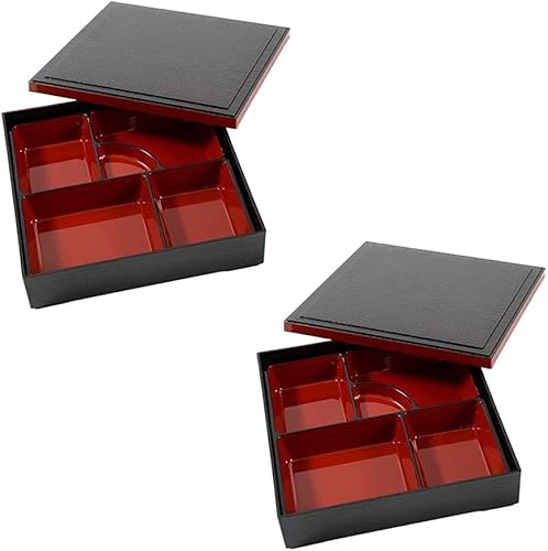Vista 10 de JapanBargain, Caja Bento japonesa lacada en rojo y negro con tapa, 5 compartimentos, juego de 3 piezas (base, inserto, tapa), sin BPA, restaurante
