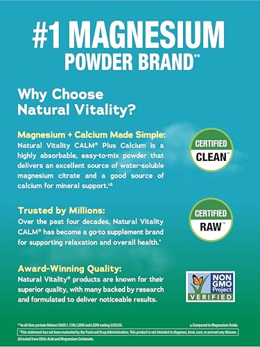 Natural Vitality Calm, Magnesium & Calcium Supplement, Drink Mix Powder Supports a Healthy Response to Stress, Gluten Free, Vegan, & Non-GMO, Raspberry Lemon, 16 oz