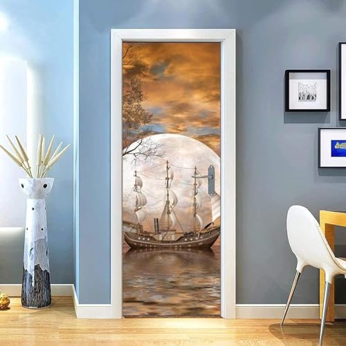 Pegatinas De Puerta 3D, Póster Autoadhesivo Para Puerta, Papel Tapiz Para Puerta, Mural Para Puerta, Arte De Puerta, Pegatina De Pared Para Puerta, Foto De Puerta Luna Velero Río Ramas De Los 0