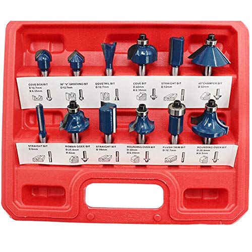 Tungsten Carbide Router Bit Set - 12 Piece Router Set 1/4 in Shanks Tongue and Groove Router Bit Set Woodworking Tools for Home Improvement and DIY (12, red)