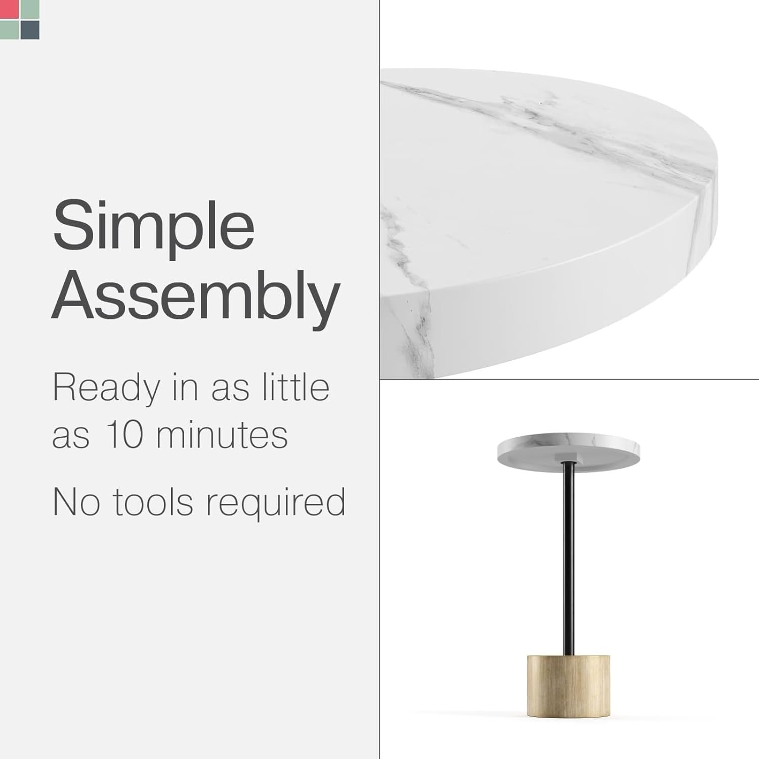 Round Metal Drink Table, Pedestal Drink Desk, Modern Home, Bedroom, and Living Room Furniture, Small Metal Side Table with Cylindrical Light Brown Base, Pedestal Desk (Faux Marble Top)