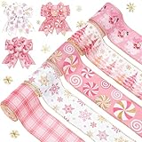 Whaline 5 Roll Christmas Gold Glitter Wired Edge Ribbon 2.5 Inch 30 Yards Pink White Plaid Xmas Tree Santa Snowman Snowflake Candy Peppermint Fabric Craft Ribbon for Bow Wreath Gift Wrap