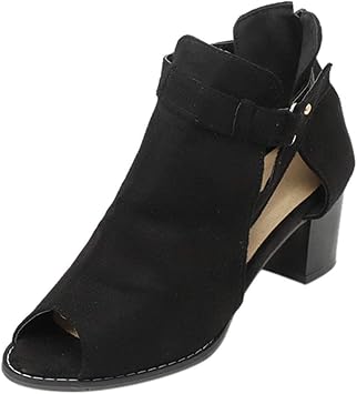 ZBYY Womens Cutout Ankle Strap Buckle Sandals Hollow Out Side Zipper Chunky Heeled Open Toe Pumps Sandals Dress Shoes