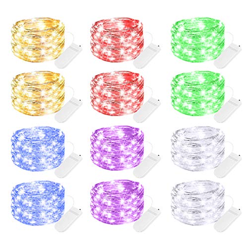 12 Pack Fairy Lights: 7Ft 20 LED Battery Operated Mini Firefly String Lights with Flexible Silver Wire for Wedding Centerpieces | Mason Jar Craft | Christmas Garlands | Party Decorations | 6 Colors