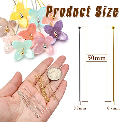 TOAOB 200pcs Ball Head Pins 50mm Gold and Silver Round Head Pins for Jewelry Making Beading Earring Pendant Bracelet Jewelry DIY Craft Bead Earring Necklace - Image 2