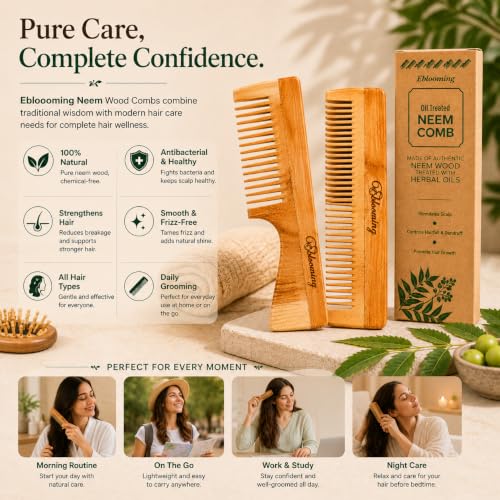Image of Neem Wooden Hair Comb Set | Dual Tooth & Handle Comb Combo for Women & Men | Wide & Fine Tooth Detangling Comb | Smooth Rounded Teeth for Everyday Hair Care & Styling | Pack of 2