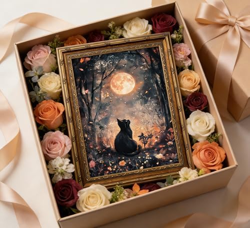 Vintage Gold Framed Black Cat Canvas Wall Art Dark Academia Gothic Full Moon Painting Picture Wall Decor Victorian Forest Botanical Flowers Poster Print Artwork for Bedroom Living Room — view 6