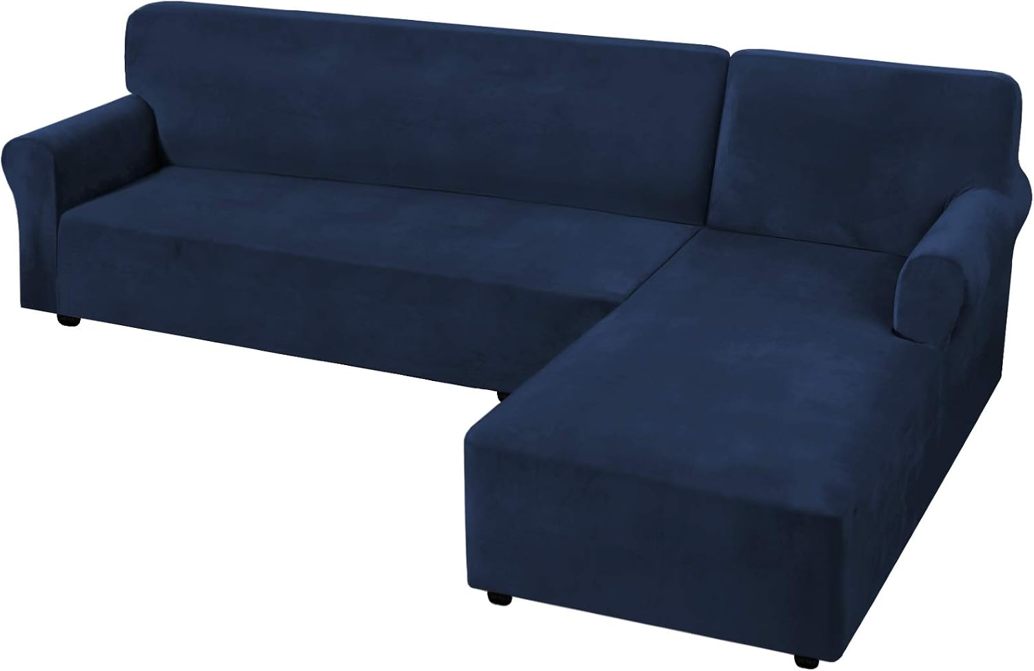 Rich Velvet Stretch 2 Pieces L-Shaped Sofa Covers Anti-Slip Sectional Sofa Slipcovers with Straps Bottom Luxury Thick Velvet Corner Sofa Cover(X-Large Size=Right Chaise with 3 Seater, Navy)